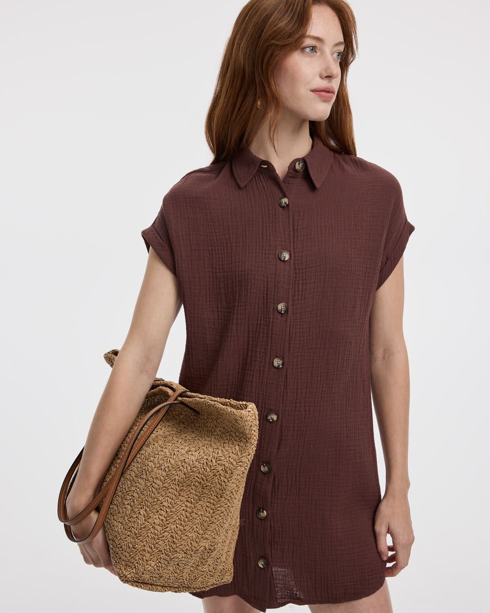 Short-Sleeve Buttoned-Down Dress with Shirt Collar - Image 7
