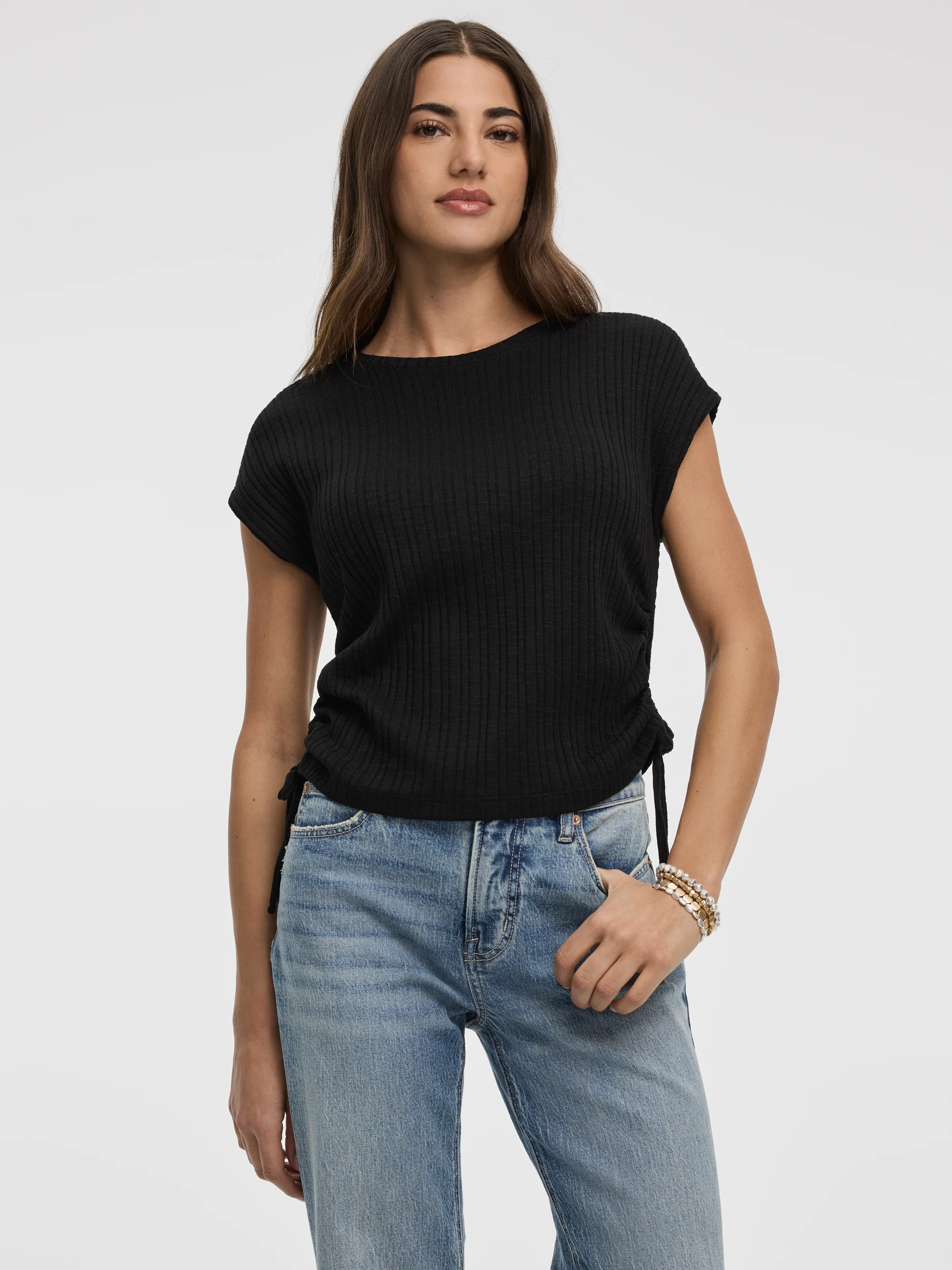 Extended-Sleeve Shirred Tee with Drawstrings