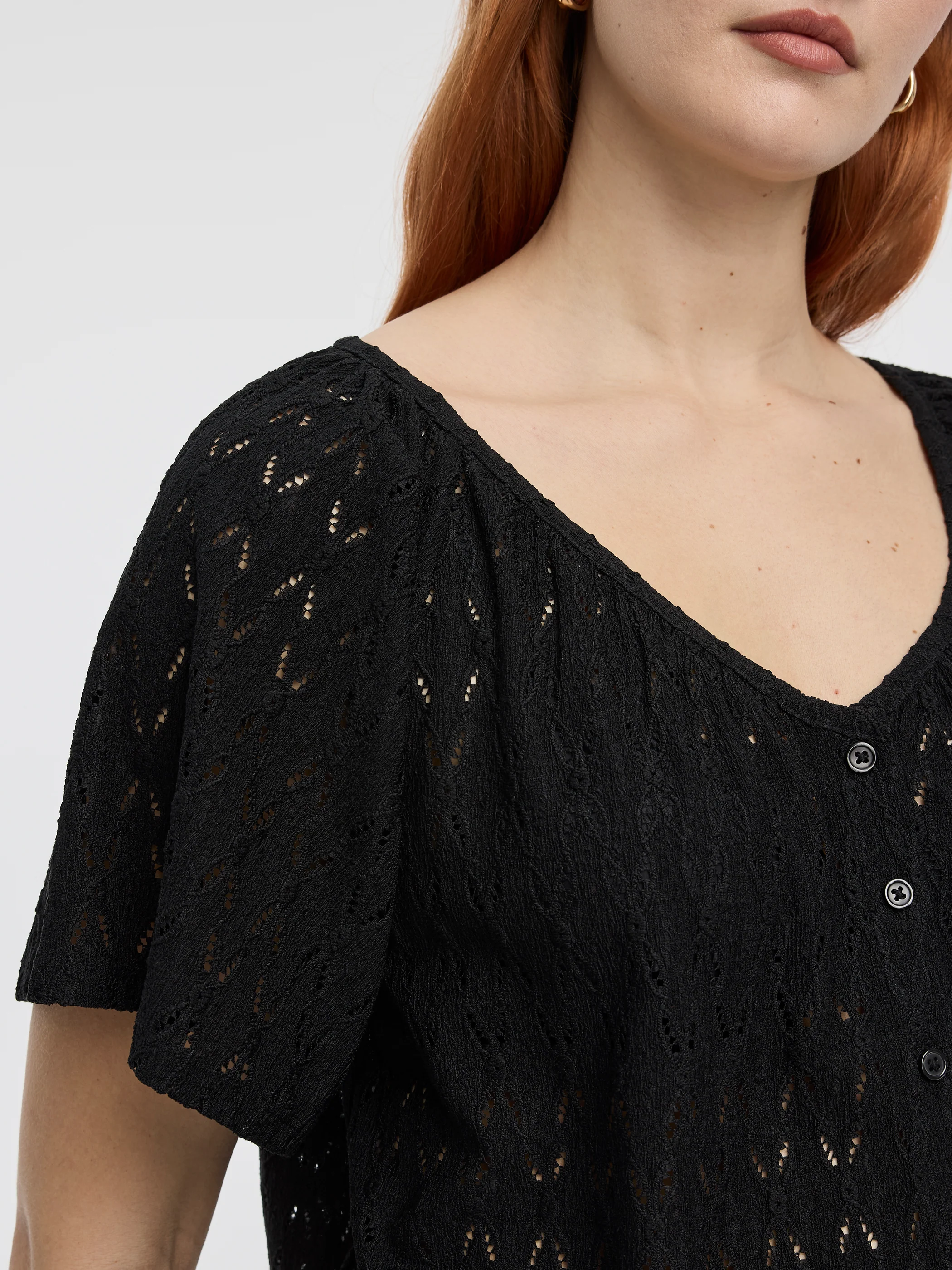 Short-Flutter-Sleeve V-Neck Buttoned-Down Blouse - Image 2