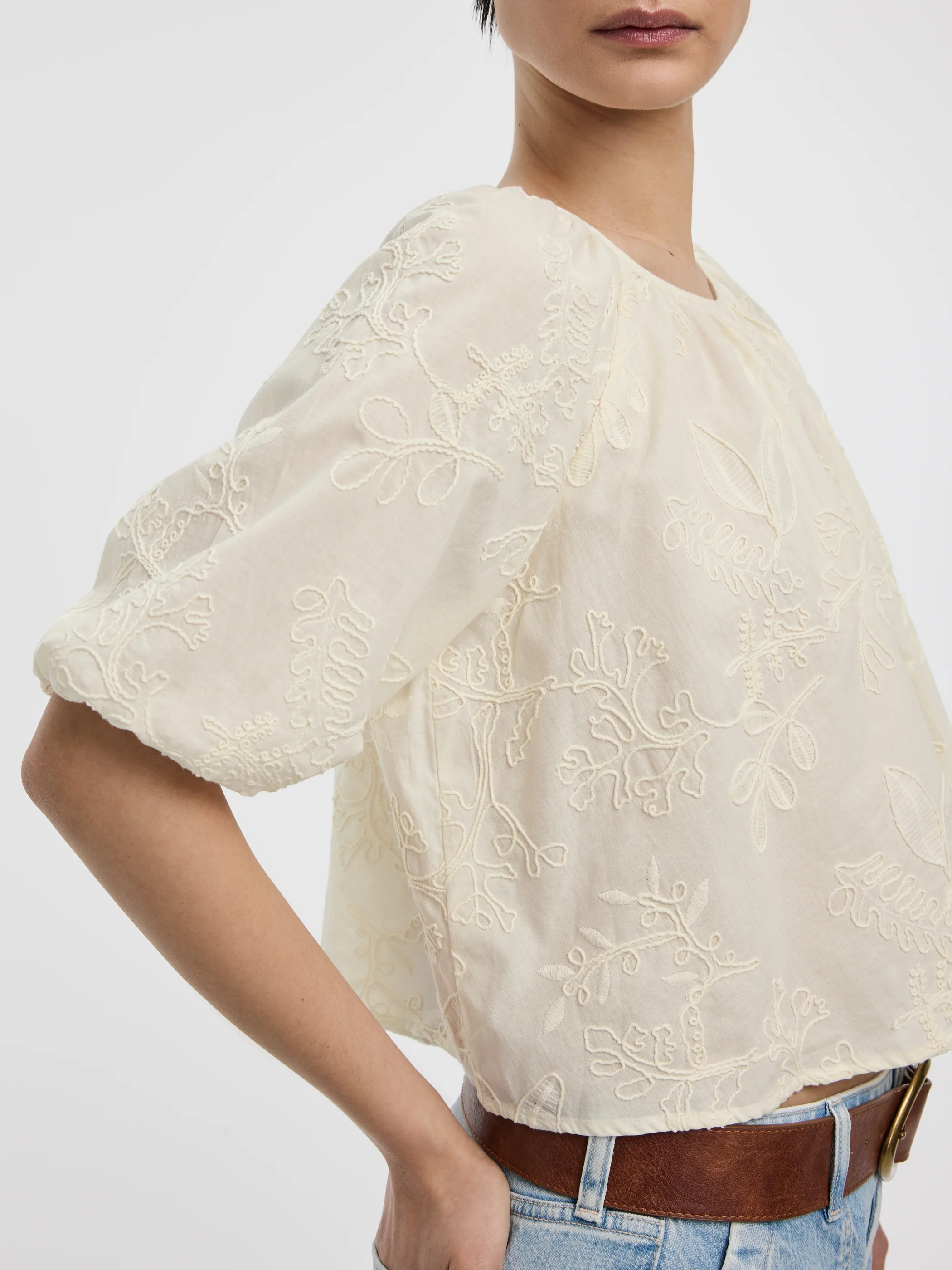 Elbow-Sleeve Scoop-Neck Eyelet Blouse - Image 2