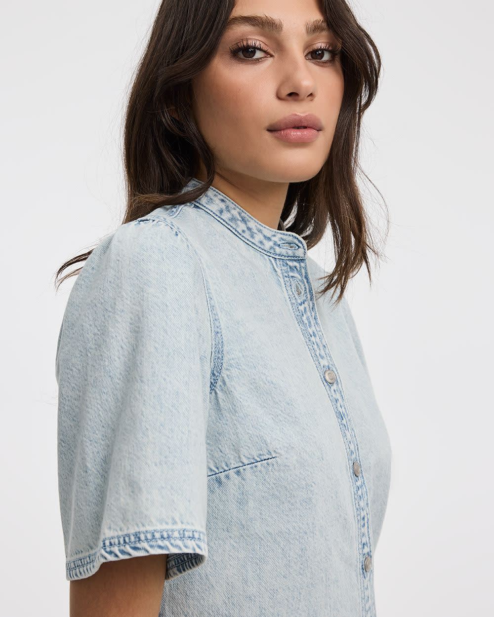 Crew-Neck Denim Shirt with Short Flutter Sleeves - Image 4