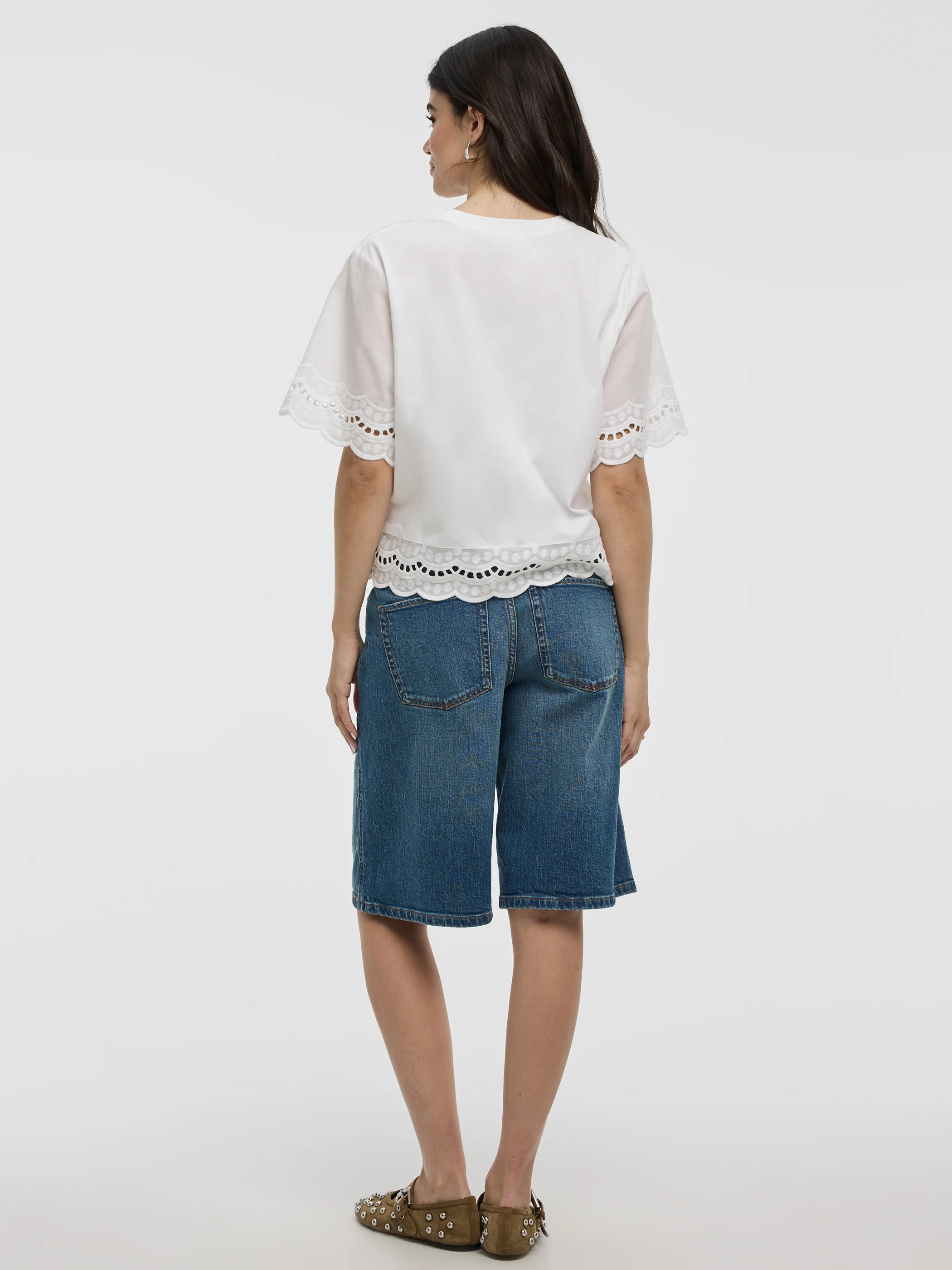 Short-Sleeve Mix-Media Top with Embroidered Trims - Image 3