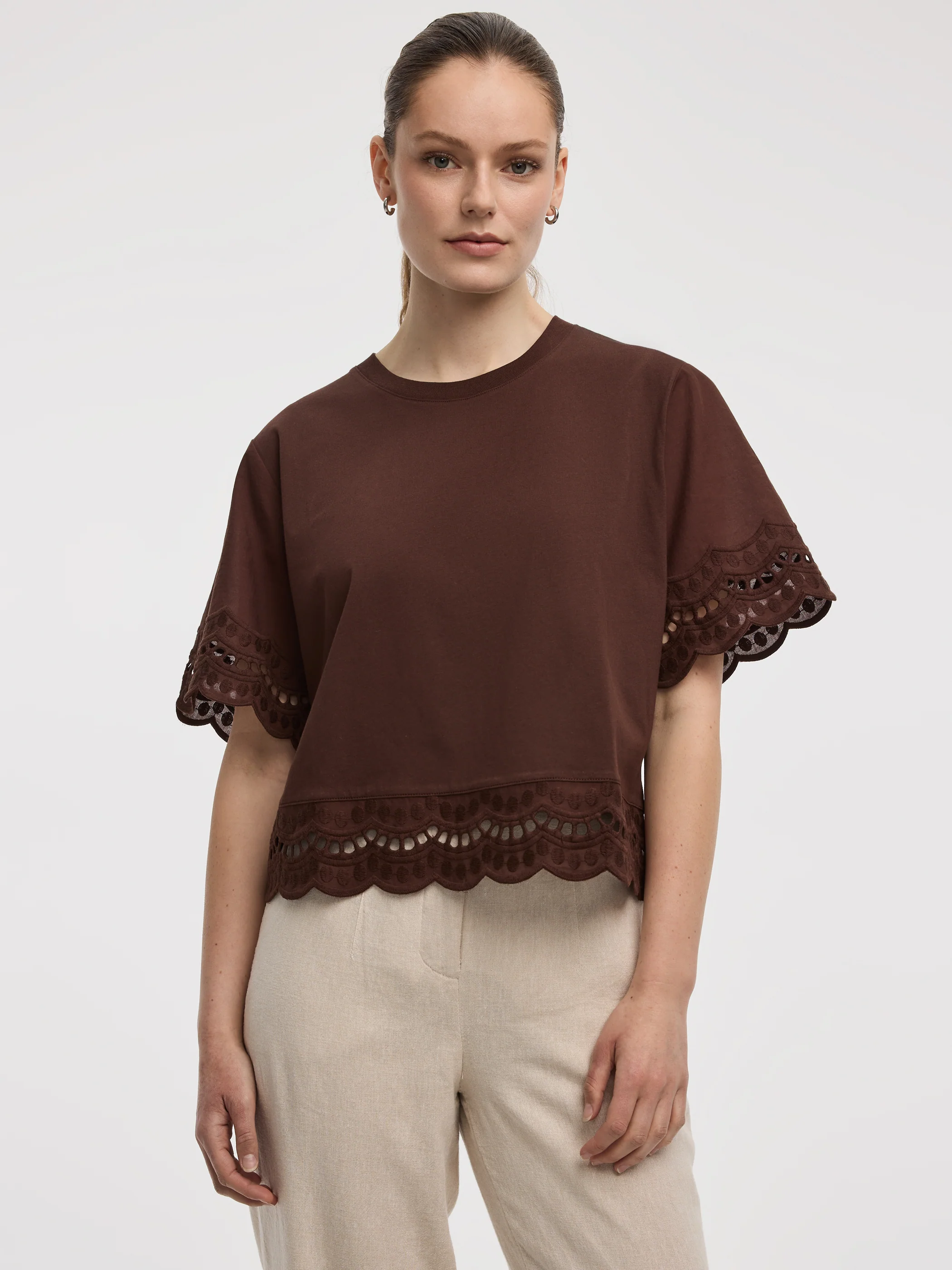 Short-Sleeve Mix-Media Top with Embroidered Trims - Image 5