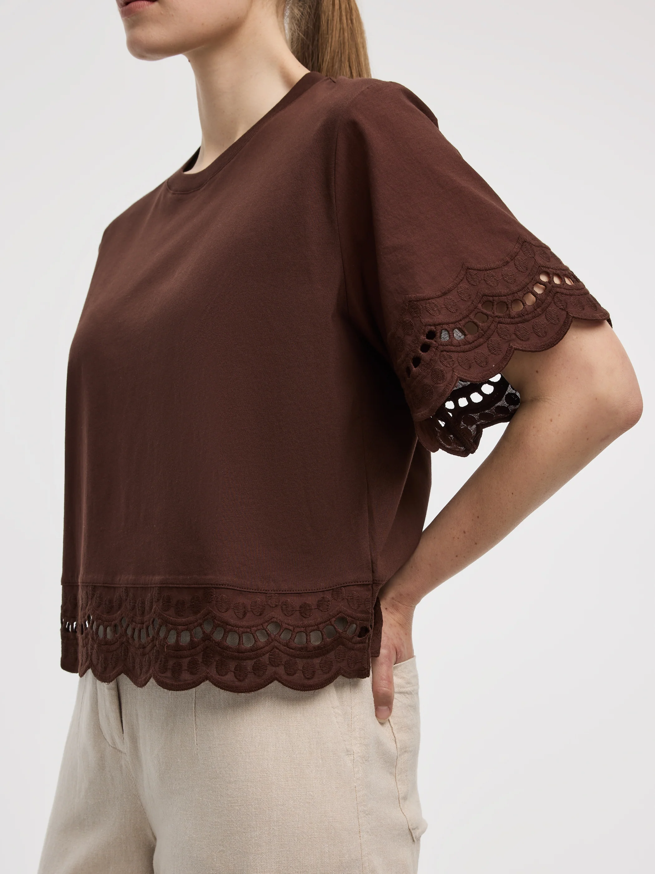 Short-Sleeve Mix-Media Top with Embroidered Trims - Image 6