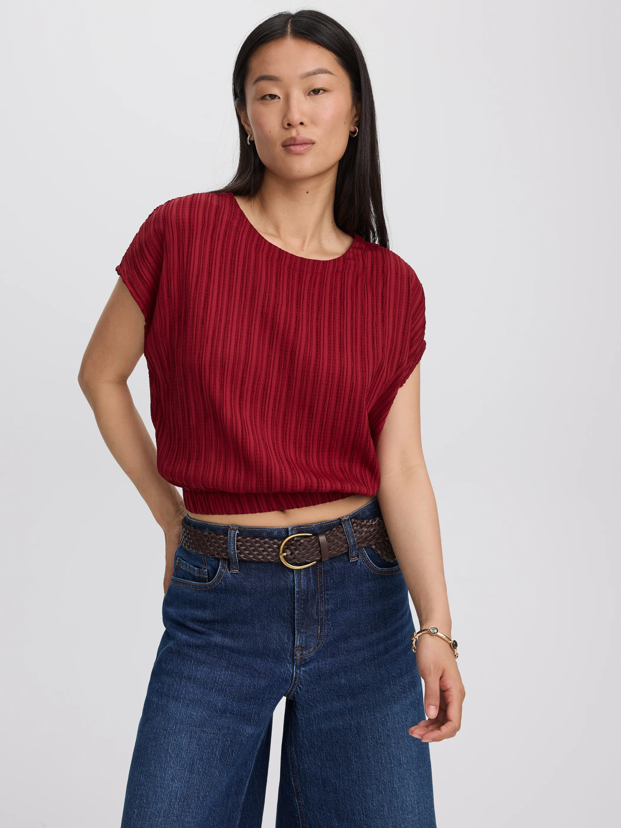 Extended-Sleeve Crew-Neck Blouse with Elasticated Hem - Image 5