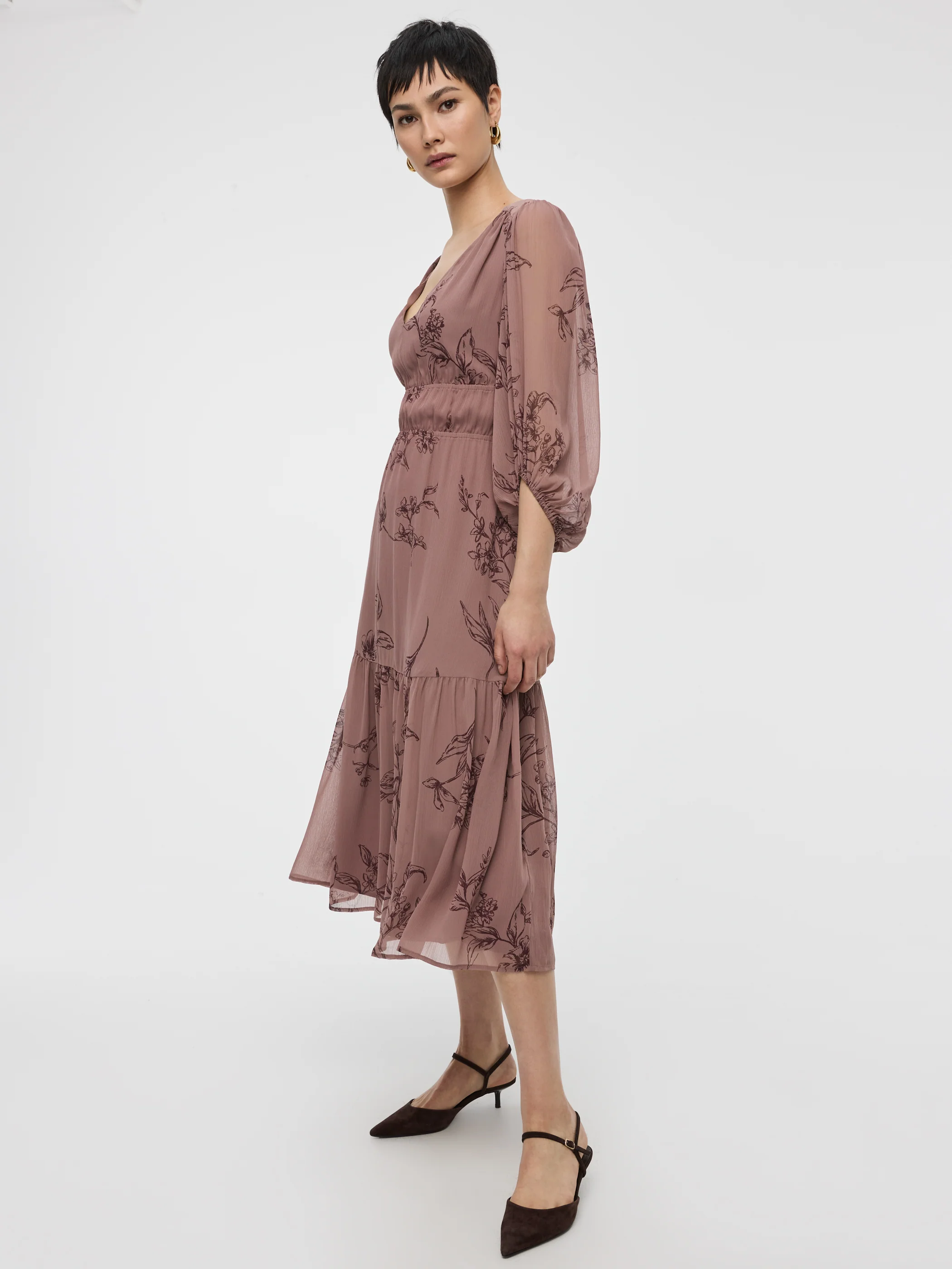 V-Neck Empire Midi Dress with Sheer Sleeves - Image 8