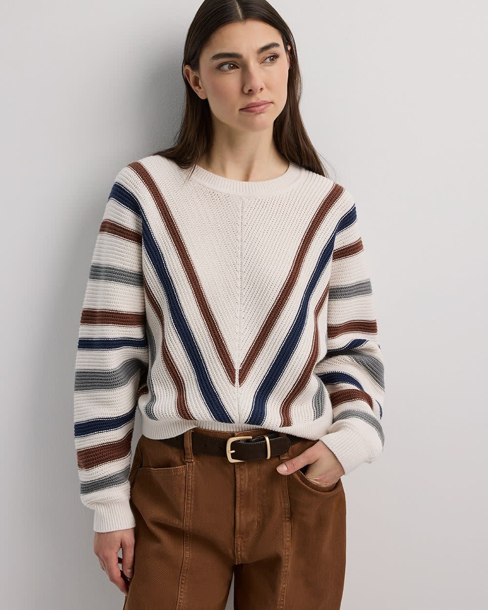 Striped Long-Dolman-Sleeve Crew-Neck Pullover - Image 4