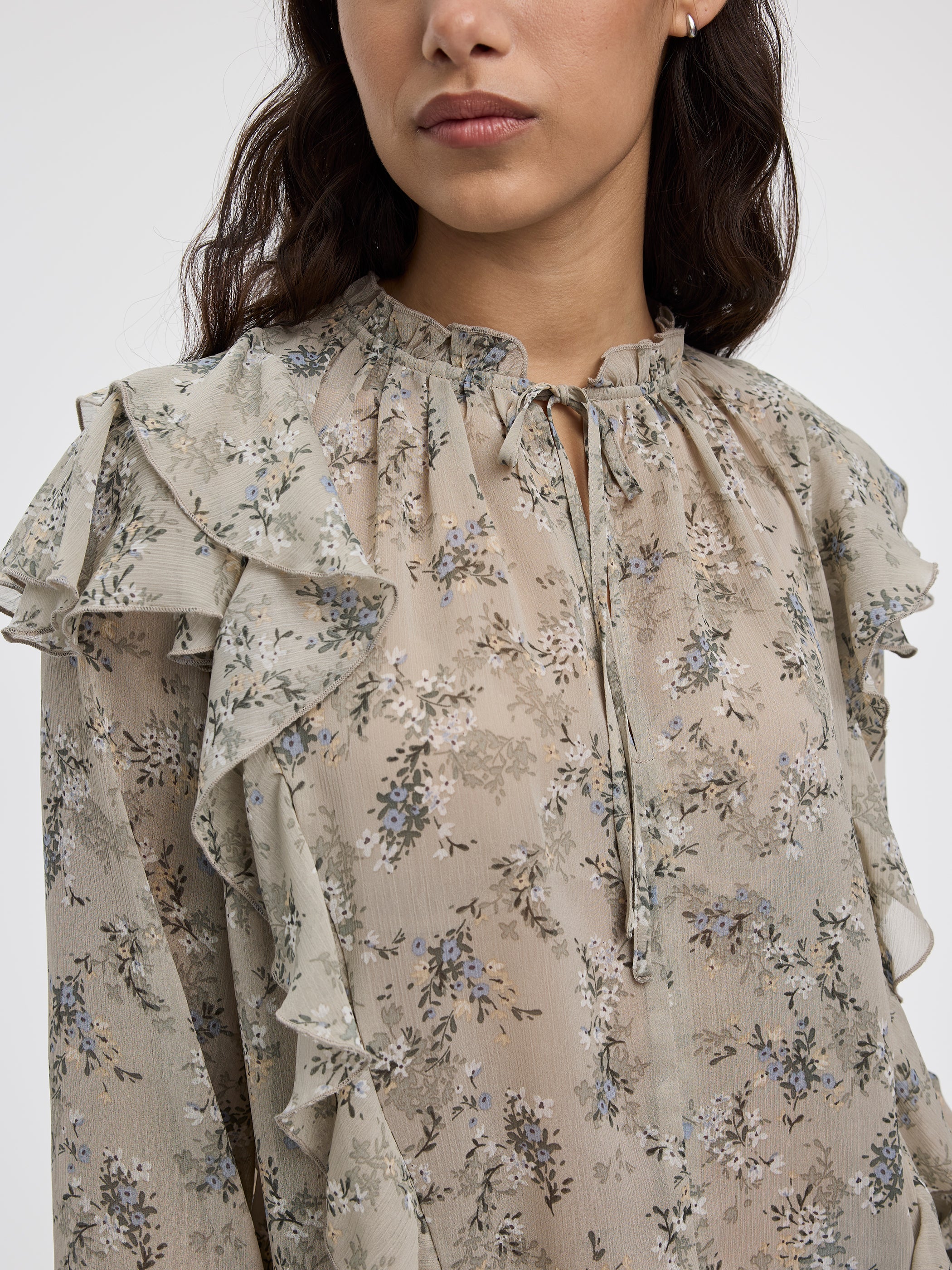 Long-Sleeve Split-Neck Blouse with Ruffled Details - Image 2