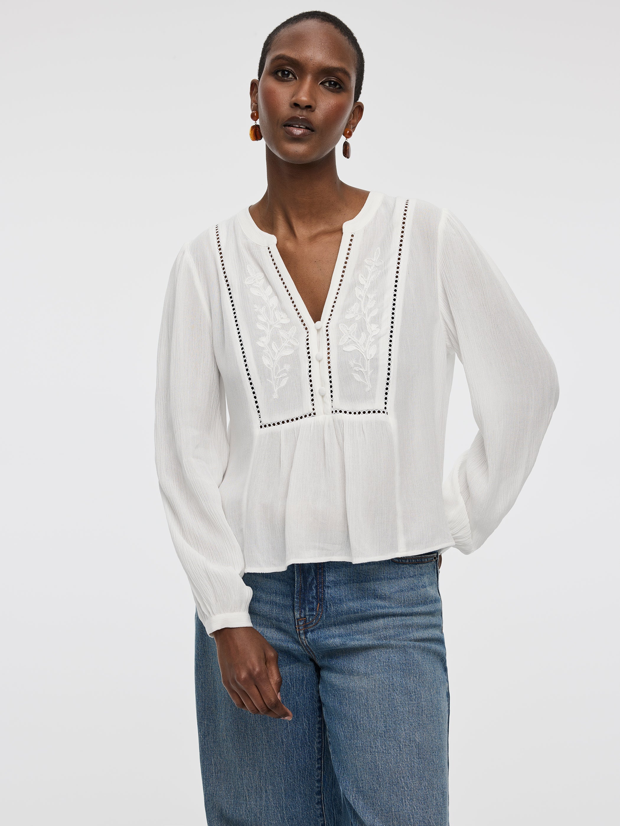 Long-Sleeve Split-Neck Blouse with Embroideries