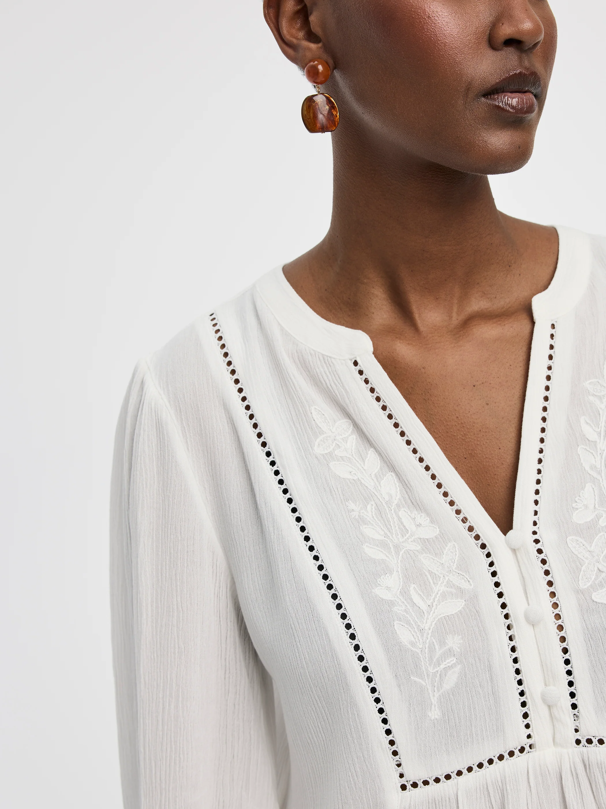Long-Sleeve Split-Neck Blouse with Embroideries - Image 2