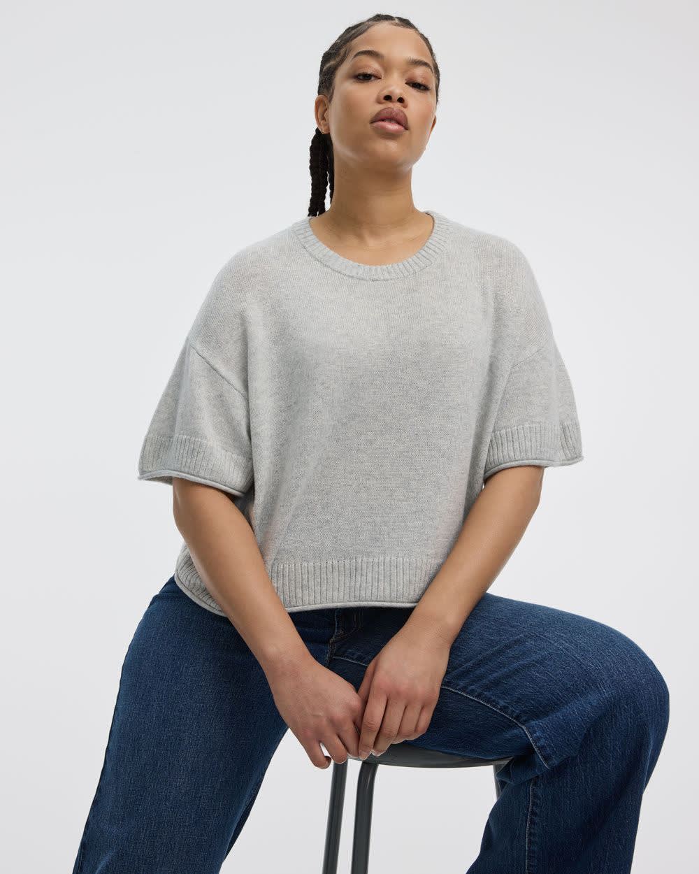 Cashmere-Blend Short-Sleeve Crew-Neck Loose Sweater - Image 20