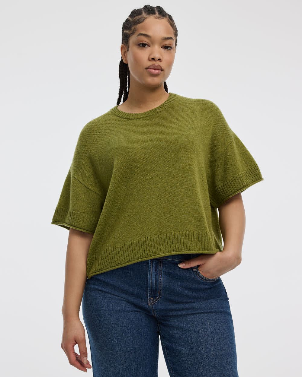 Cashmere-Blend Short-Sleeve Crew-Neck Loose Sweater - Image 5
