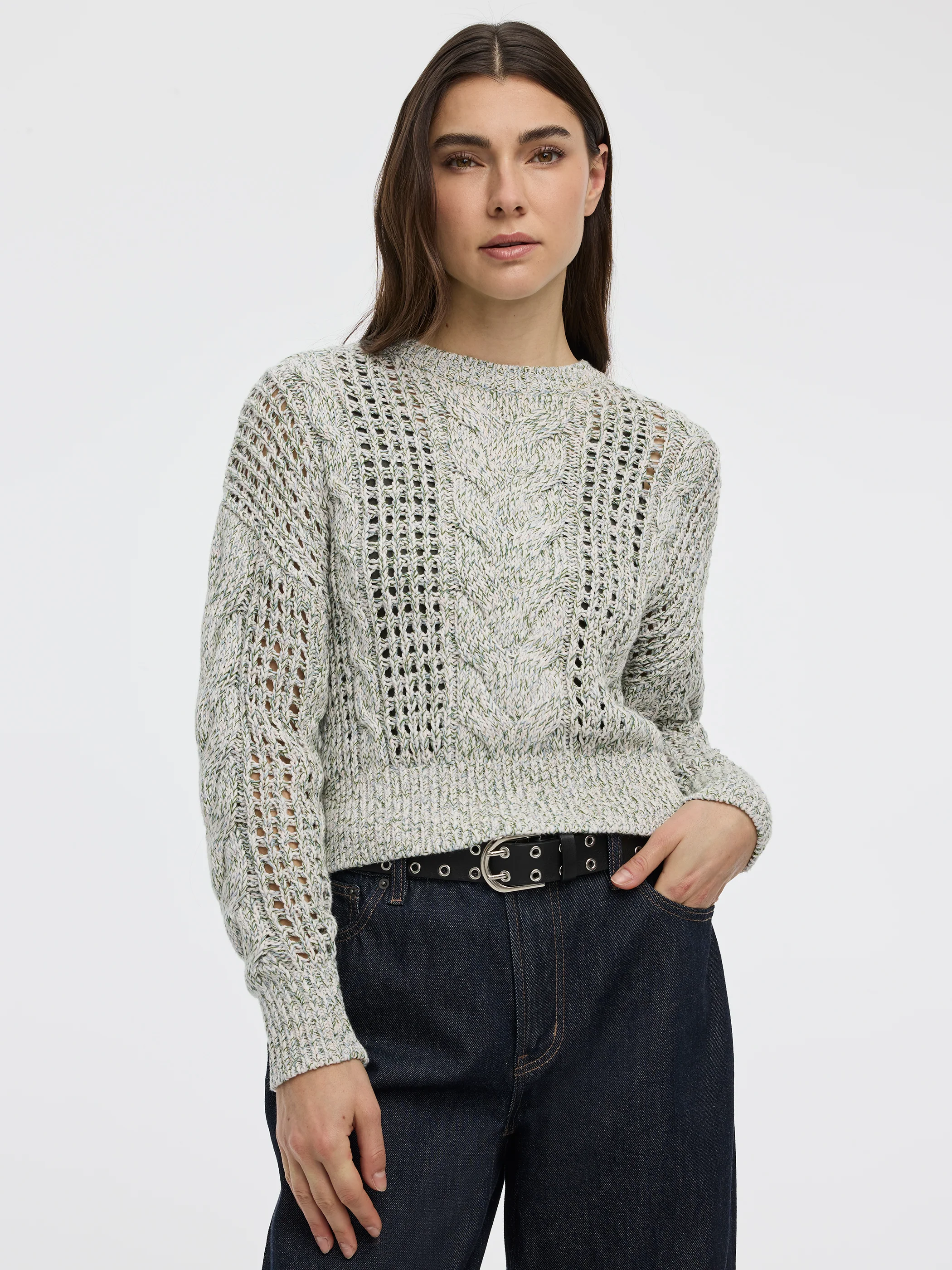 Long-Sleeve Crew-Neck Sweater with Open Stitches