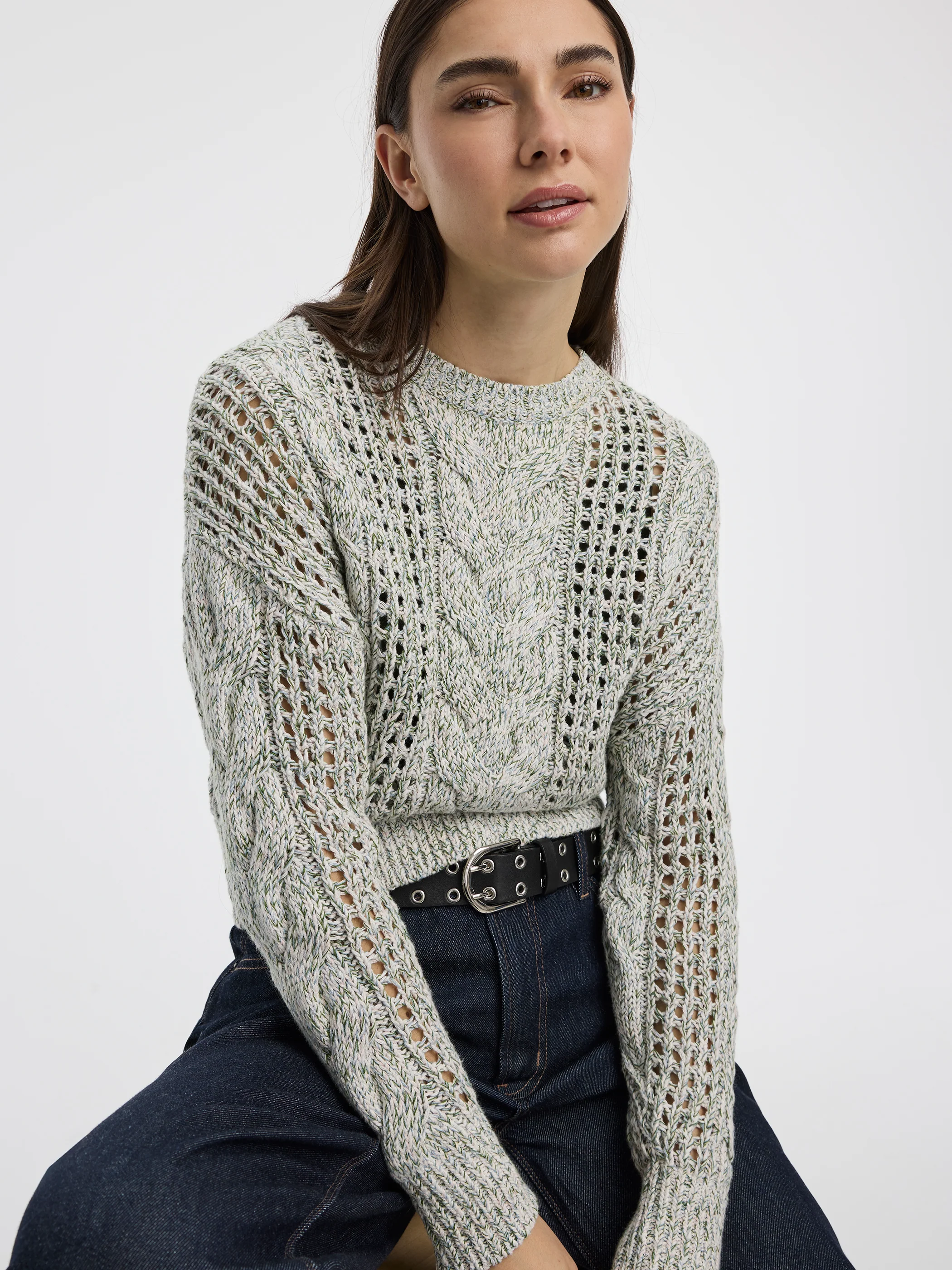 Long-Sleeve Crew-Neck Sweater with Open Stitches - Image 3