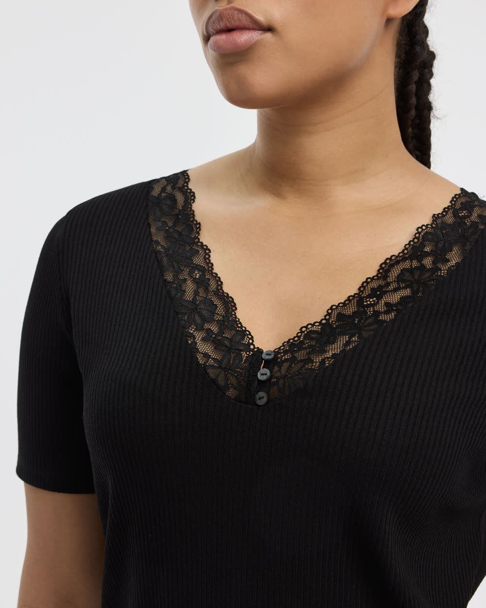 Short-Sleeve V-Neck Tee with Lace Trim - Image 2