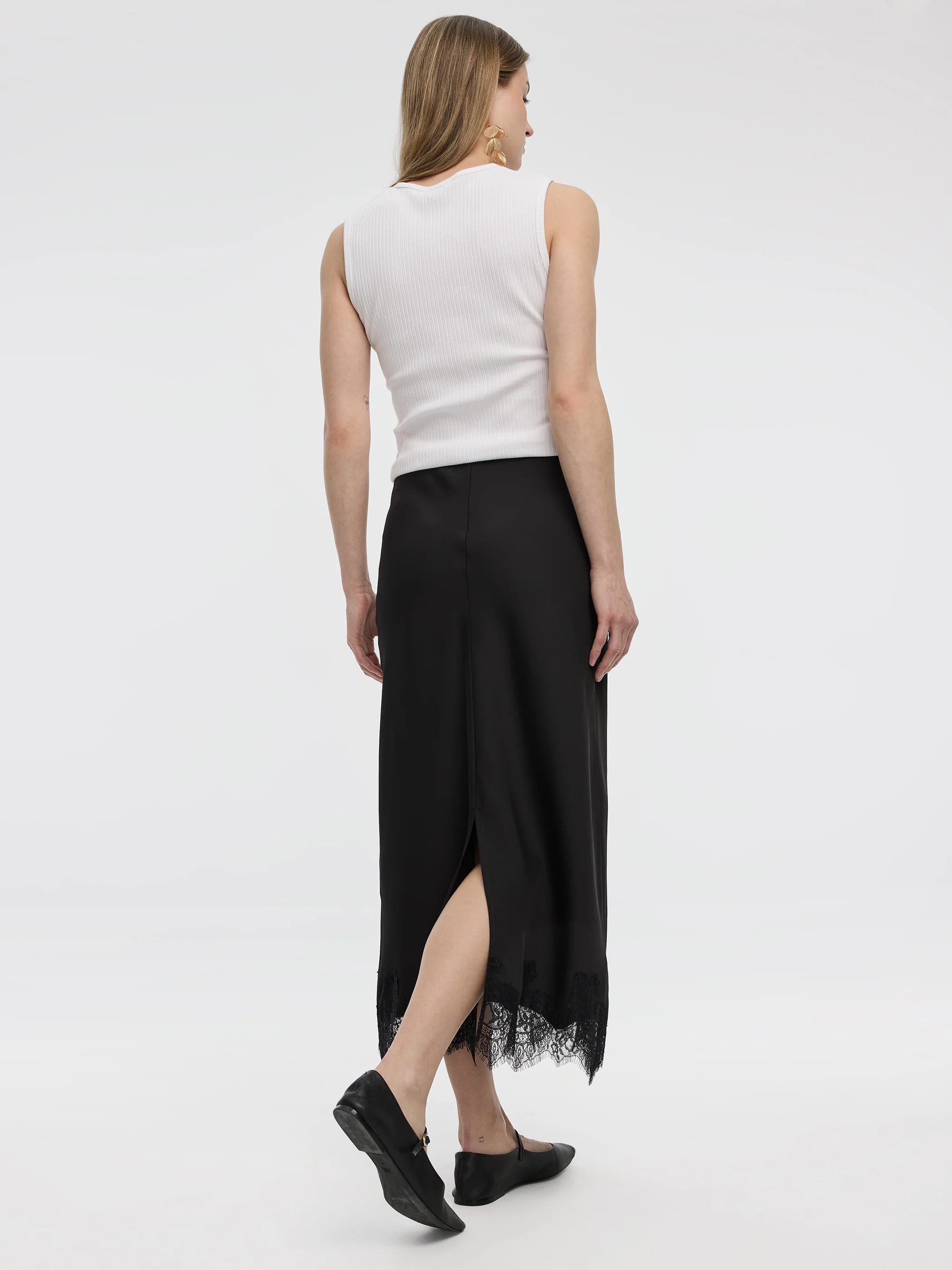 Satin A-Line Midi Skirt with Lace Trim - Image 4
