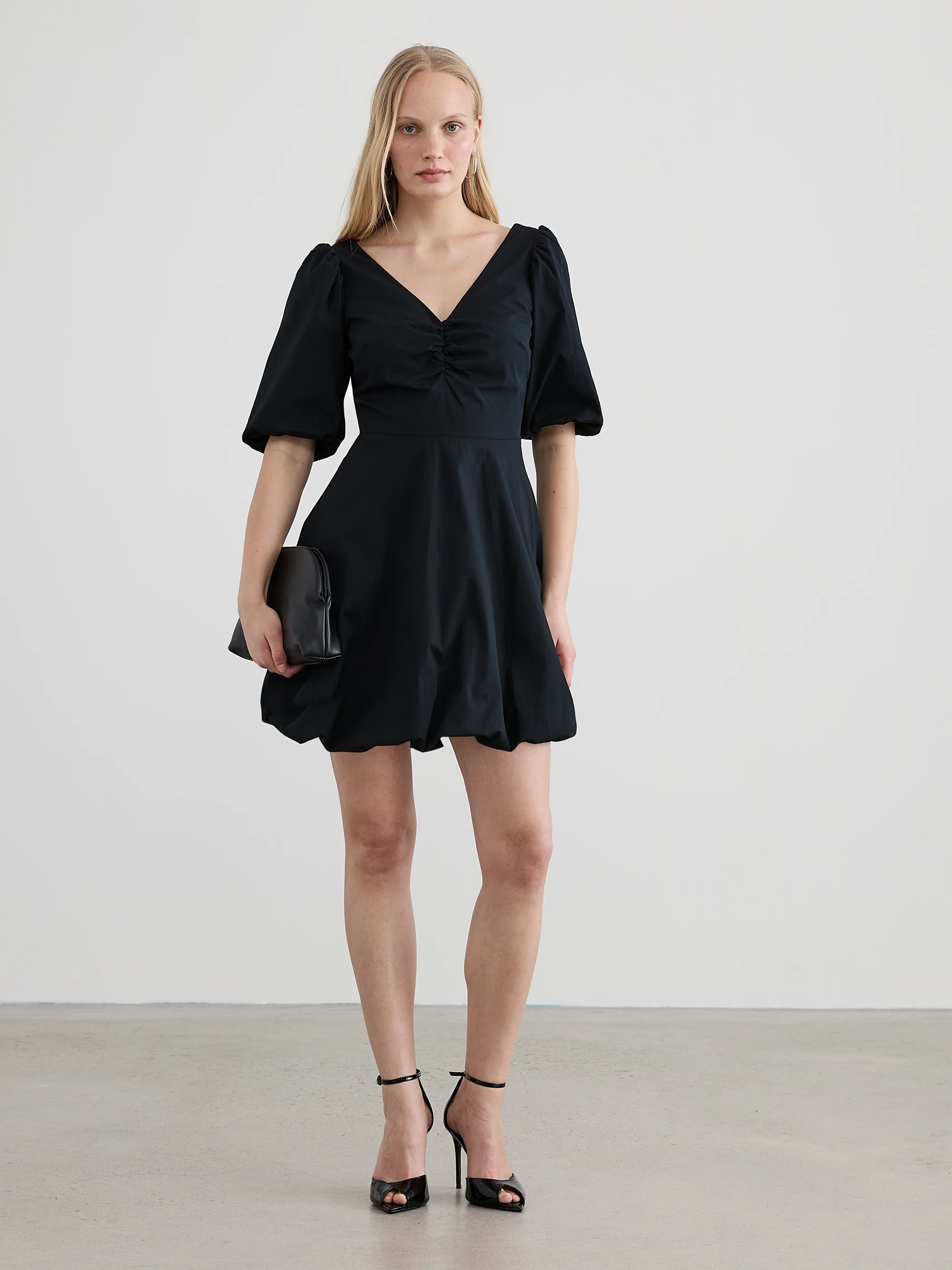 Short-Sleeve V-Neck Mini Dress with Bubble Hem - Image 2