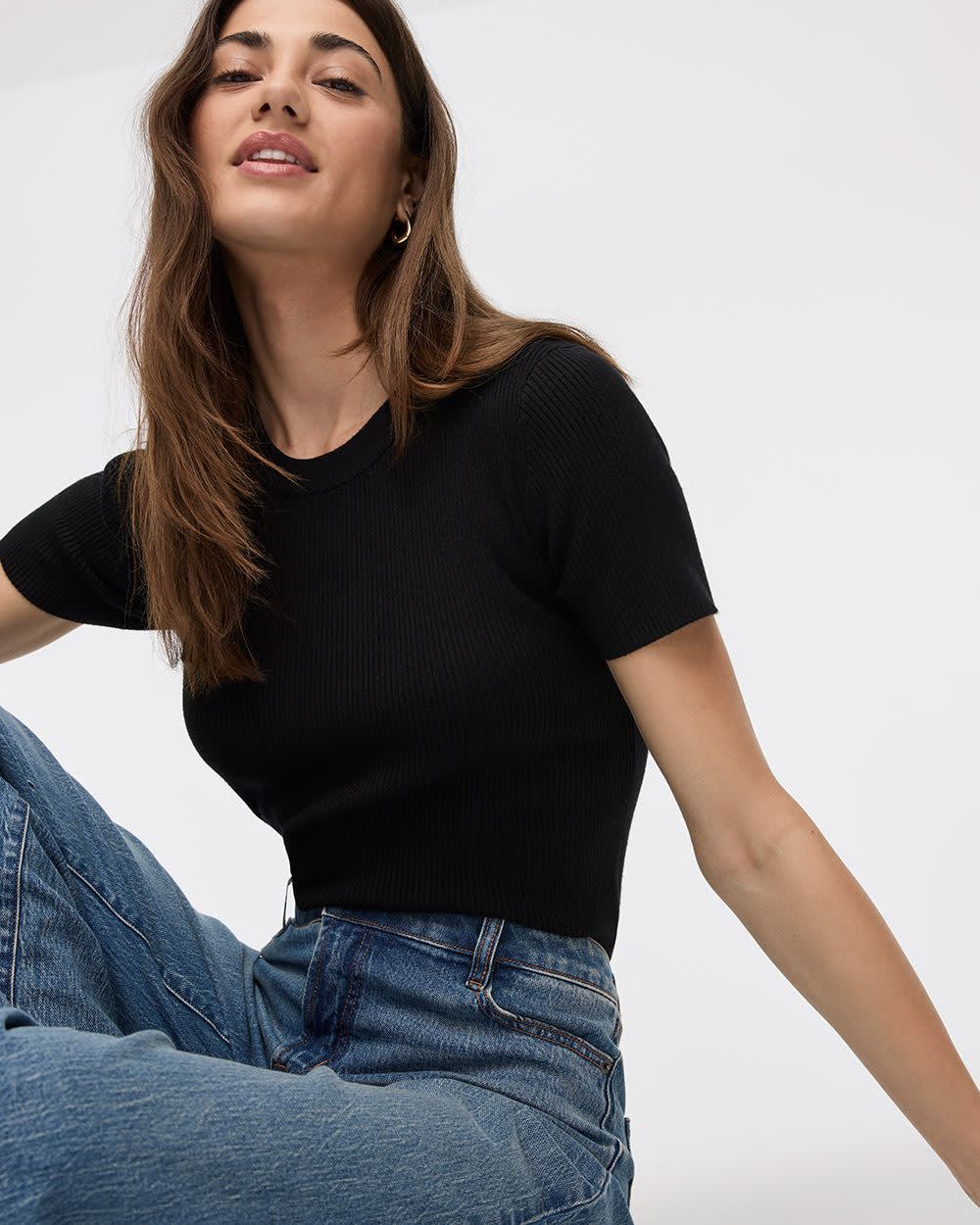 Short-Sleeve Crew-Neck Ribbed Sweater - Image 3