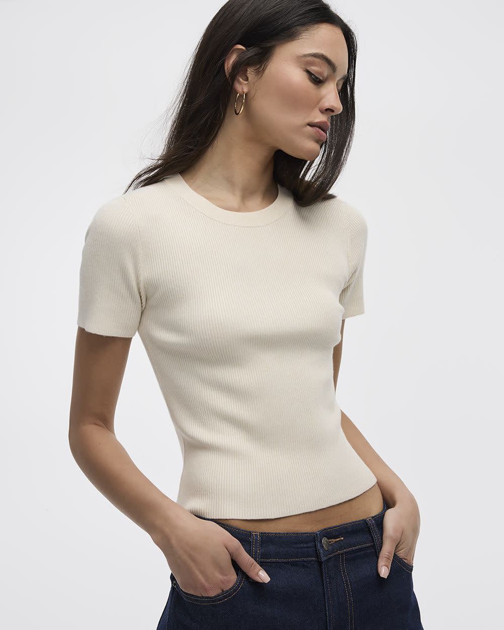 Short-Sleeve Crew-Neck Ribbed Sweater - Image 5
