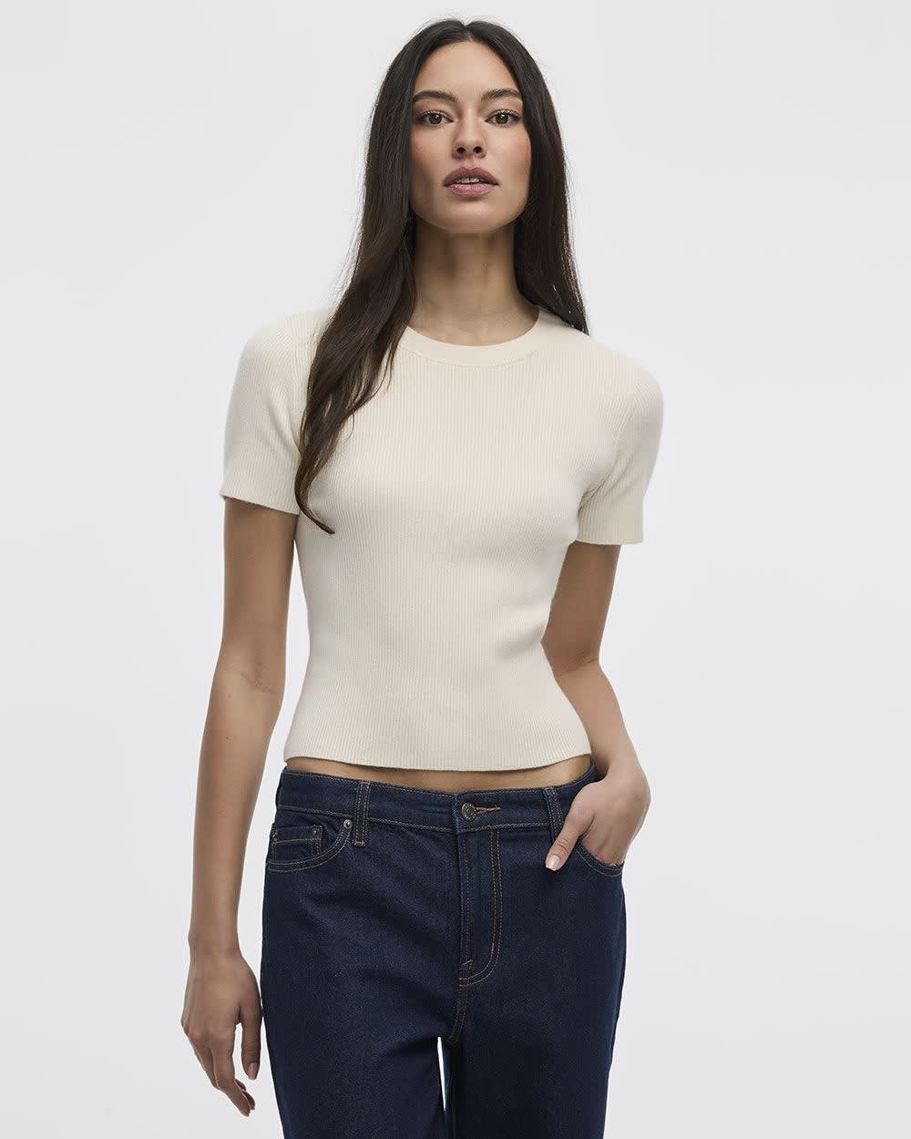 Short-Sleeve Crew-Neck Ribbed Sweater - Image 7