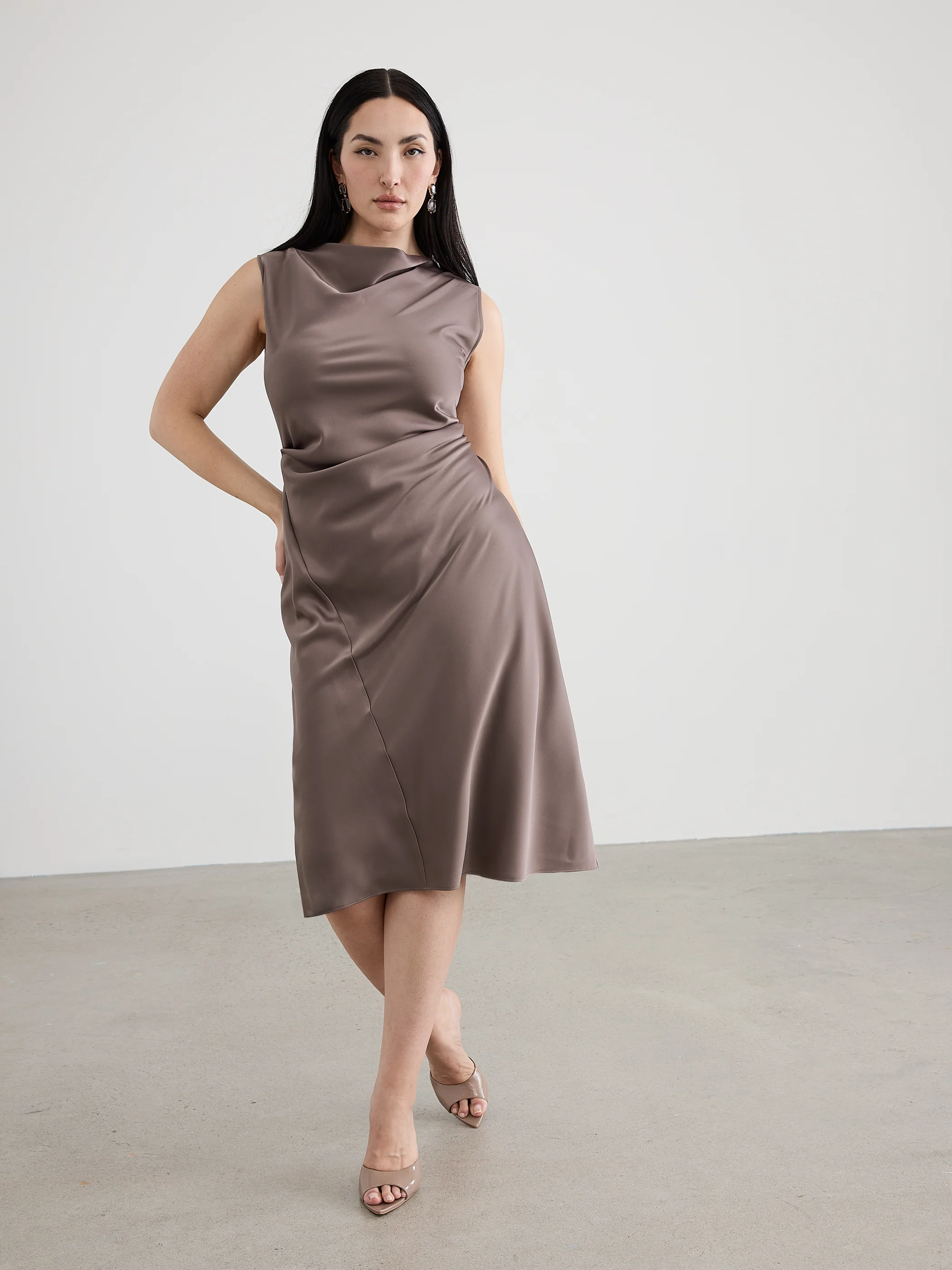 Sleeveless Midi Dress with Draped Neckline - Image 4