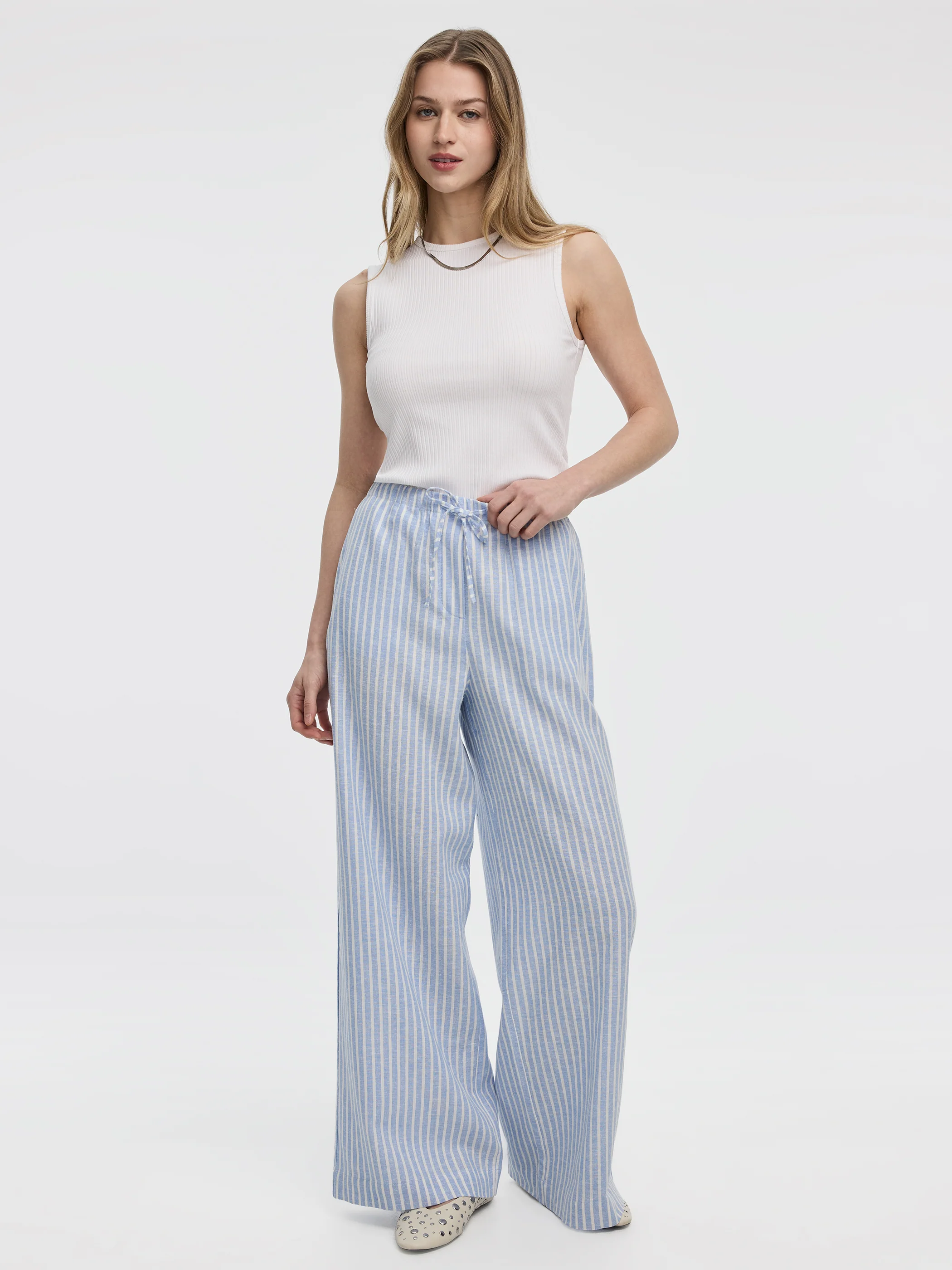 Striped Wide-Leg Linen-Blend Pant