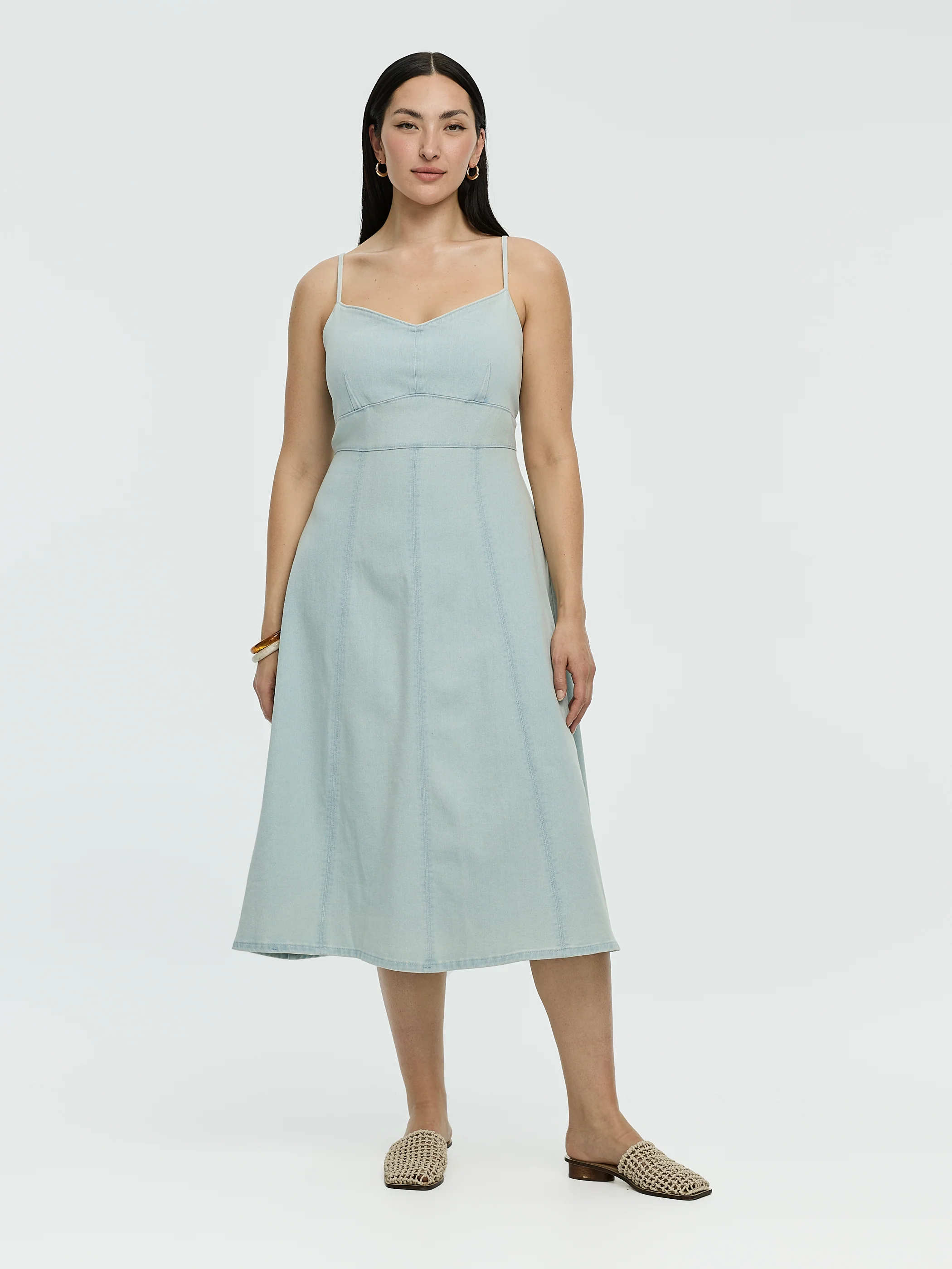 Sleeveless Denim Midi Dress with Sweetheart Neckline