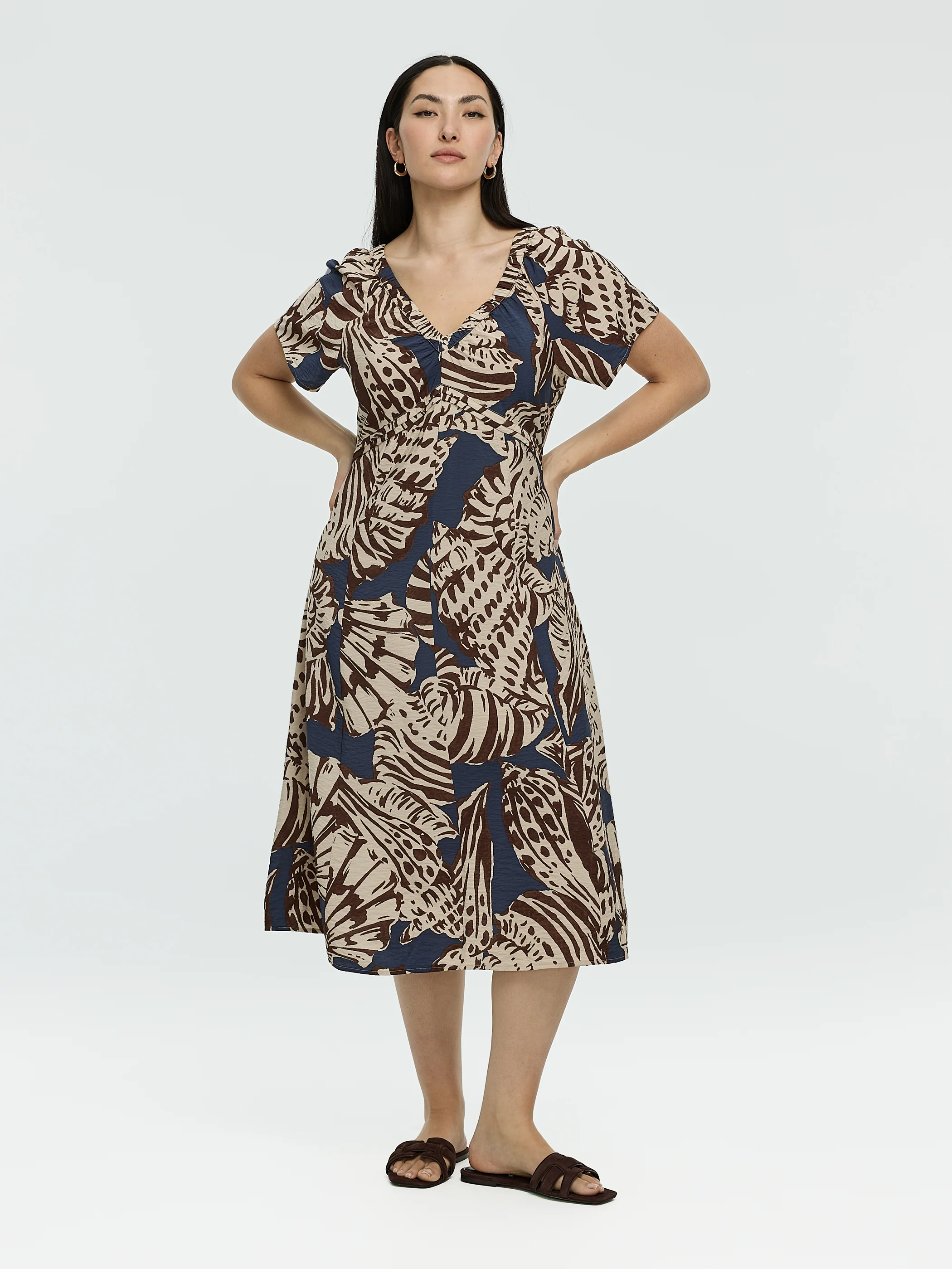 Short-Sleeve Midi Dress with V Neckline