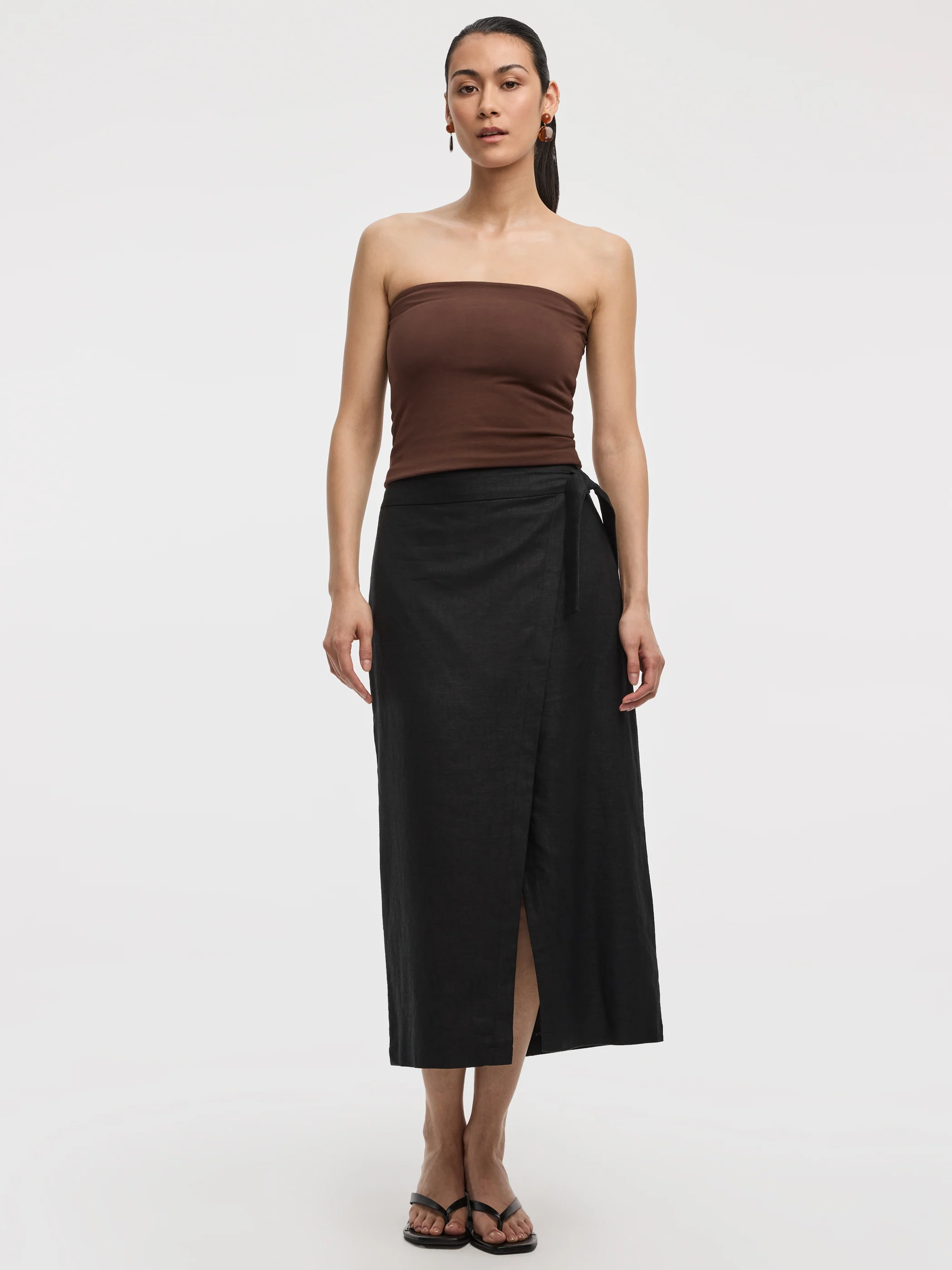 Linen-Blend Wrap Maxi Skirt